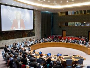 Mary Robinson, envoyée spéciale du secrétaire générale de l'ONU, s'exprimant devant le conseil de sécurité des Nations unies par vidéoconférence depuis Kinshasa sur la situation en RDC et l'accord-cadre d'Addis-Abeba sur la paix dans la région des Grands