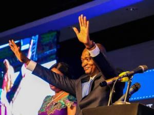 Emmanuel Ramazani Shadary, candidat du Front commun pour le Congo (FCC) à la présidentielle de décembre 2018, lors de la présentation de son programme. Lundi 19 novembre à Kinshasa, Hôtel Pullman. Photo PPRD.