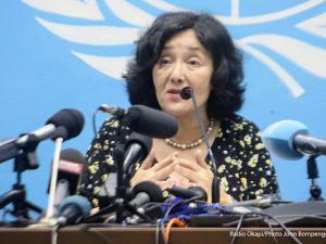 La Représentante spéciale du Secrétaire général des Nations Unies en RDC, Mme Leila Zerrougui répond aux journalistes lors d‘une conférence de presse spéciale à Kinshasa, le 16/10/2018. Radio Okapi/Ph. John Bompengo